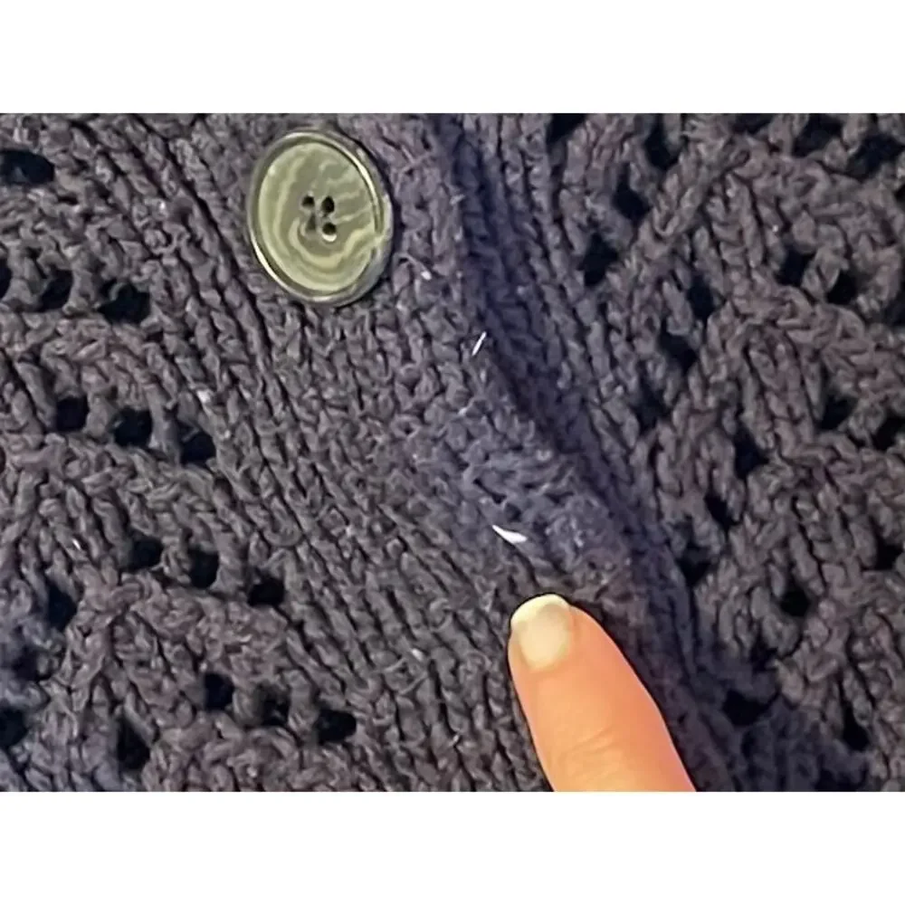 Lands' End Navy Blue Open Knit / Crochet Cardigan, Shawl Collar, V-Neck, Size LP